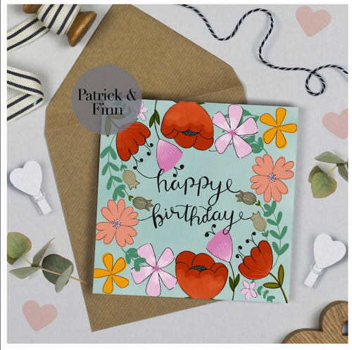 Floral happy birthday greeting card.